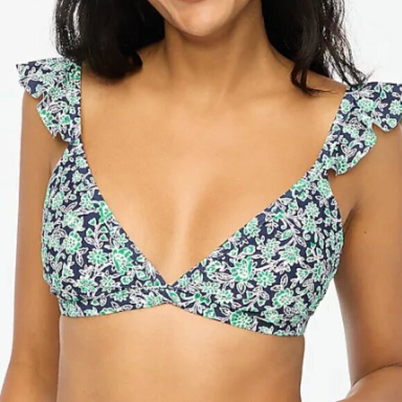J Crew Floral Ruffle Shoulder V-Neck Bikini Top Size Small Navy Green NWT - Picture 1 of 12